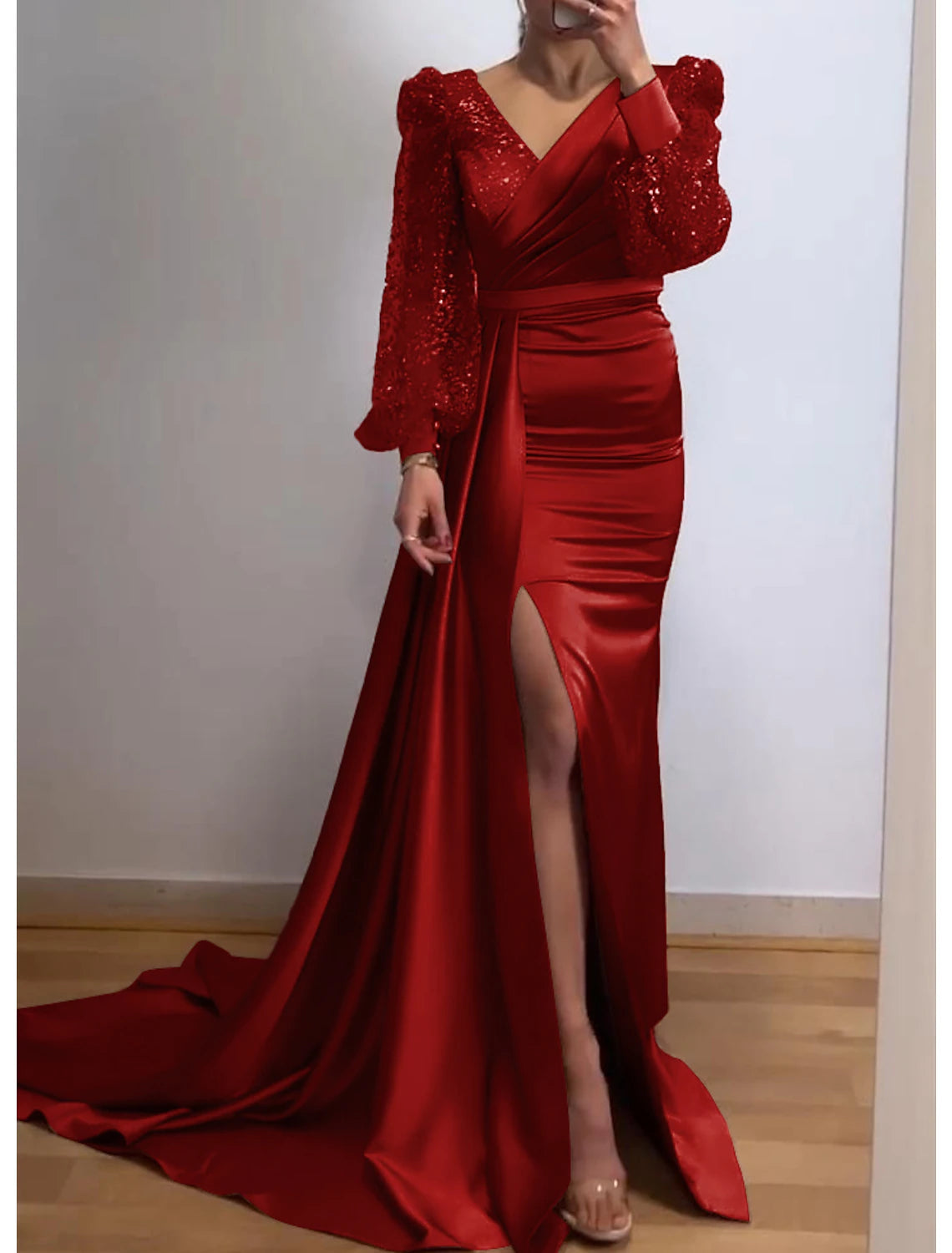 Mermaid / Trumpet Evening Gown Sparkle & Shine Dress Formal Court Train Long Sleeve V Neck Fall Wedding Guest Charmeuse with Sequin Slit 2025